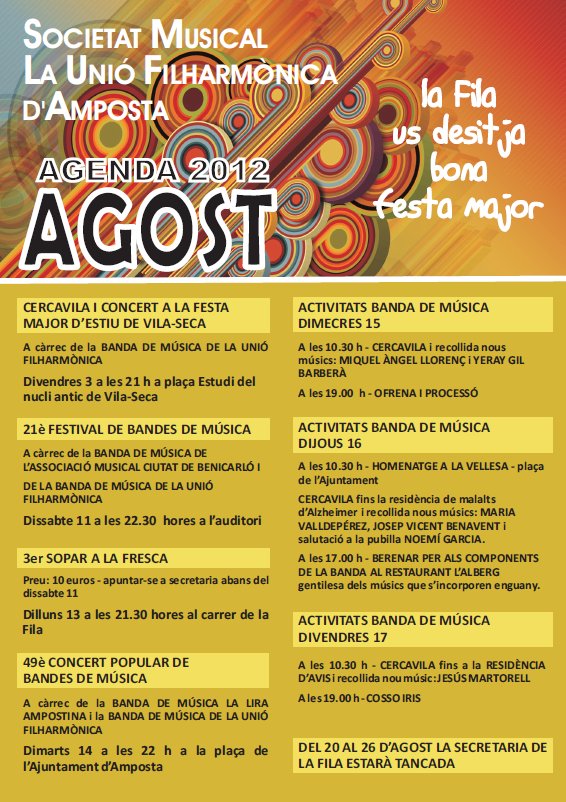 Societat Musical La Uni Filharmnica dAmposta > Arxiu de notcies > AGENDA DACTIVITATS AGOST 2012