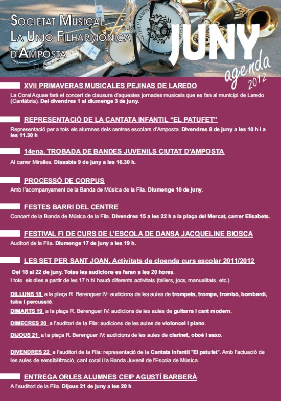 Societat Musical La Uni Filharmnica dAmposta > Arxiu de notcies > Agenda dactivitats JUNY 2012