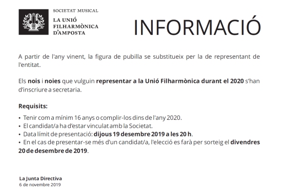 Societat Musical La Uni Filharmnica dAmposta > Notcies > Vols ser el representant de la Fila durant lany 2020?